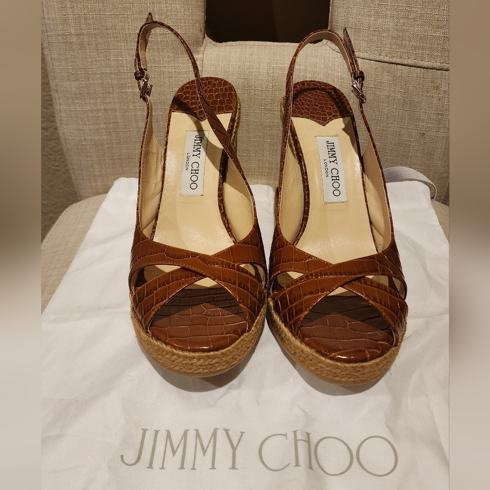 Jimmy Choo Amely 105 Wedge Sandal - Brown Crocodile - Authentic - 9.5US/41EU